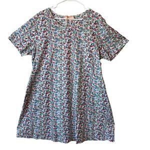 La Cera Women 1X Floral Cotton Knit Short Sleeve Shift Dress Red Blue Cotagecore